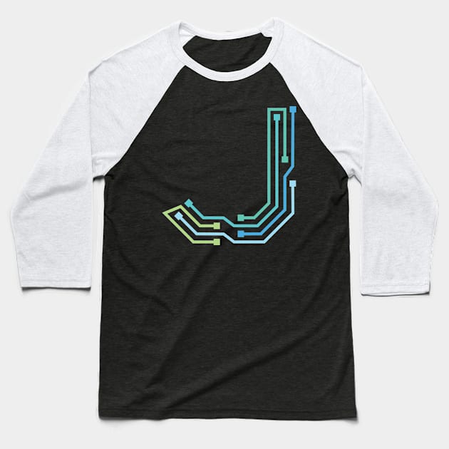 Alphabet J Circuit Typography Design Baseball T-Shirt by Circuit Project